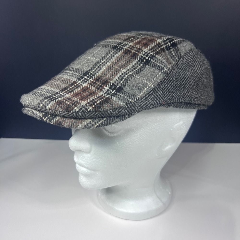 Mens Plaid and Herringbone Wool Blend Ivy Cap Grey Brown Newspaper Flat Hat L/XL